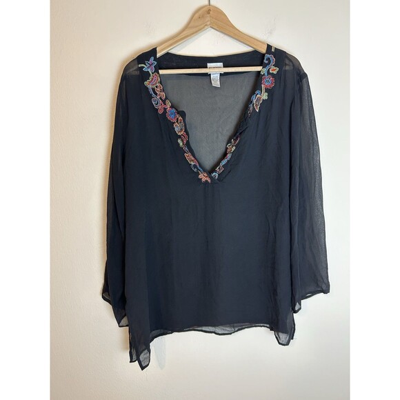 Chicos 3 XL Tunic Top 100% Pure Silk Blouse Beaded Black Whimsy Goth Boho Floral - Picture 1 of 4